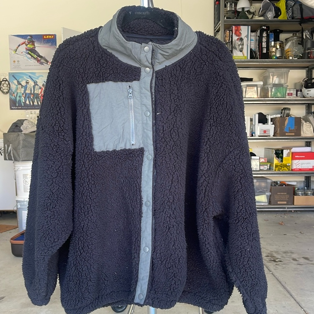 Button-up, oversized, fuzzy sweater